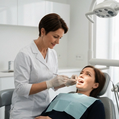 Dentist examining patient's teeth with dental instruments