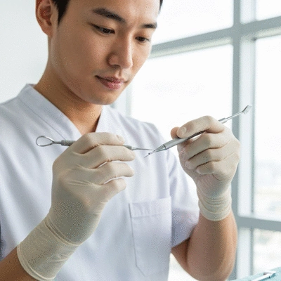 Close-up of a dental implant procedure with sterile instruments, clean image, no text, no words, no typography, no labels