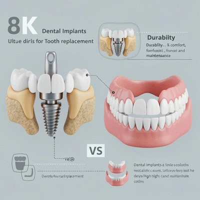 Diagram comparing dentures and dental implants for tooth replacement