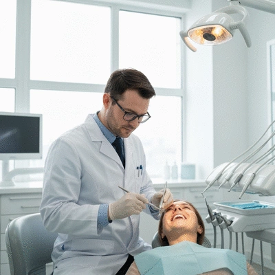 Professional dentist examining patient's teeth in a modern dental office, bright, clean, no text, no words, no typography, 8K