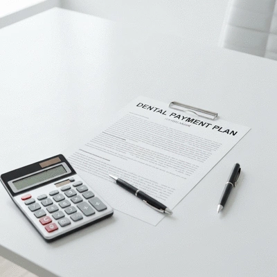 Dental payment plan document on a clean desk with a calculator and pen, representing financial planning for dental care