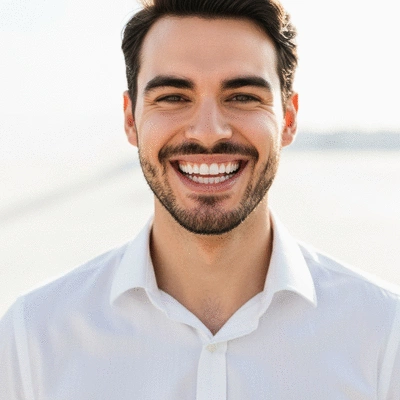 Person smiling confidently after cosmetic dental procedure, no text, no words, no typography, no labels, clean image