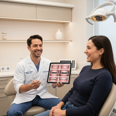 A dentist explaining cosmetic dentistry options to a patient using a digital tablet in a modern dental office, no text, no words, no typography, 8K