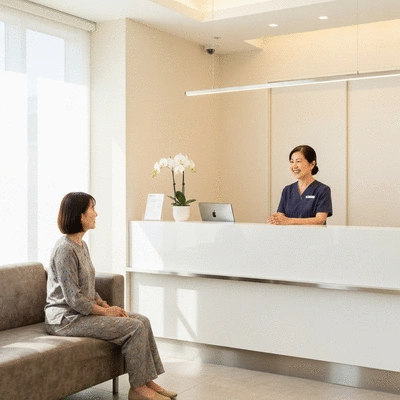 Modern dental office reception area with friendly staff greeting a patient, clean image, no text, no words, no typography, no labels