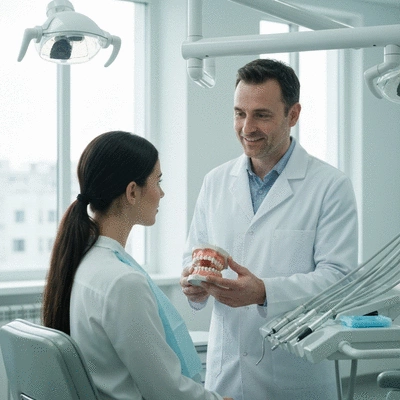 Female dental patient consulting with a dentist, discussing cosmetic options, no text, no words, no typography, no labels, clean image