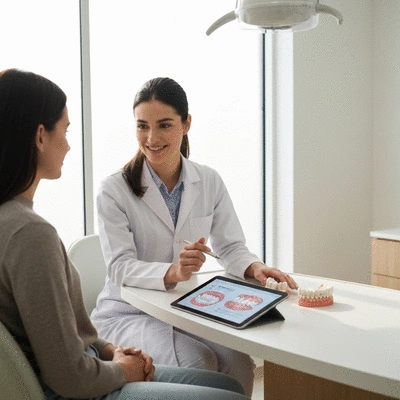 Dentist consulting with a patient about dental implant options