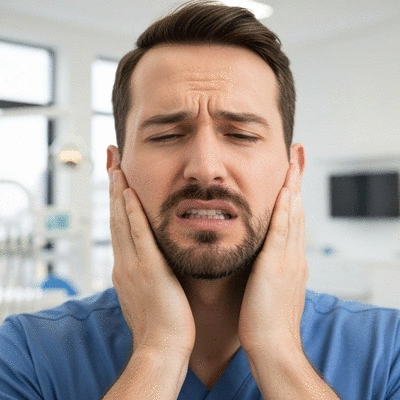 Person holding their jaw in discomfort, indicating dental pain, with a blurred dental office background, no text, no words, no typography, clean image