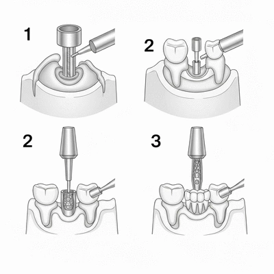Detailed illustration of a dental implant placement process, showing the titanium post, abutment, and crown in stages