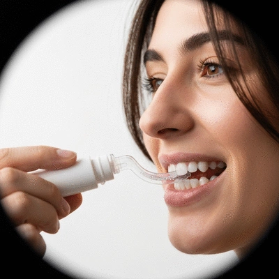 Close-up of a person using a teeth whitening kit, with bright, clean background