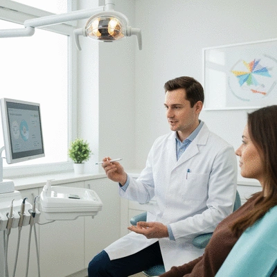 Dentist explaining payment options to a patient in a modern dental office