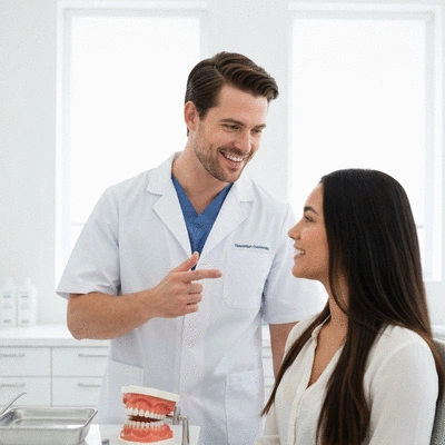 Dentist explaining cosmetic dental options to a patient