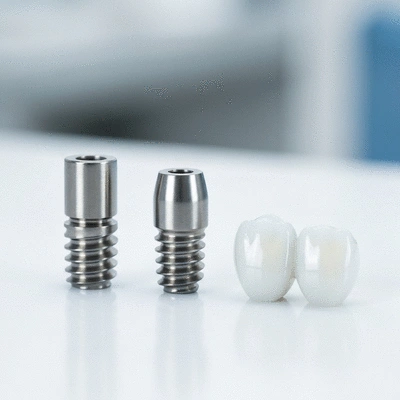 Dental implant components including a titanium post, abutment, and crown in a clean, professional setting