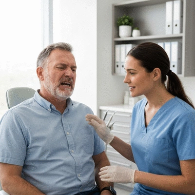 Patient consulting with emergency dentist about tooth pain