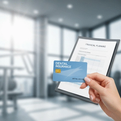 Close-up of a hand holding a dental insurance card with a blurred dental office in the background