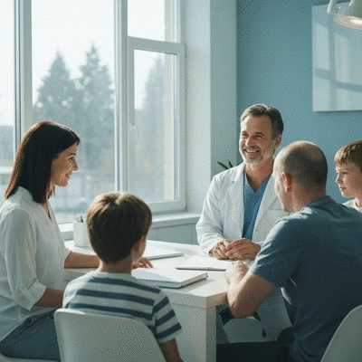 Family discussing dental payment options with a dentist in a modern clinic, no text, no words, no typography, clean image