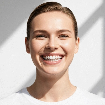 Person with a bright, confident smile showing off perfect teeth