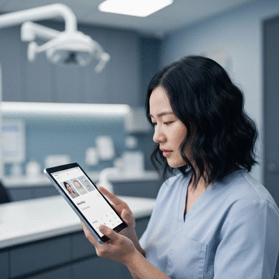 Patient reviewing dental clinic ratings on a tablet with a dental office in the background, no text, no words, no typography, no labels, clean image