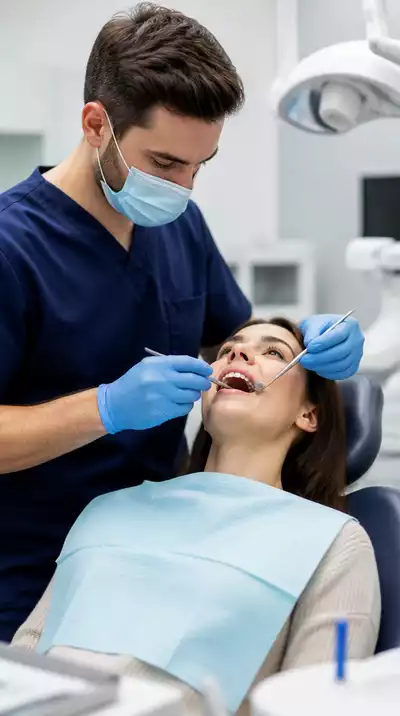 Dentist examining patient's teeth with dental tools