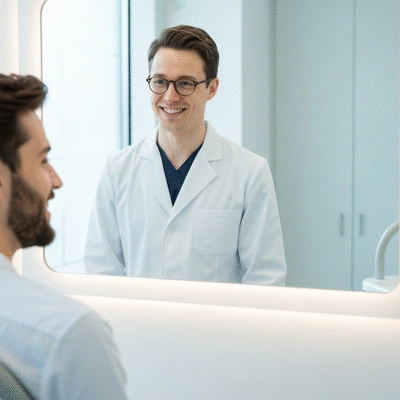 Smiling patient looking in a mirror with a cosmetic dentist by their side