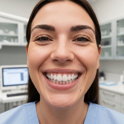 Close-up of a patient smiling after receiving cosmetic dentistry veneers, professional setting, no text, no words, no typography, 8K
