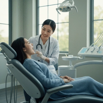 Emergency dentist examining patient with toothache