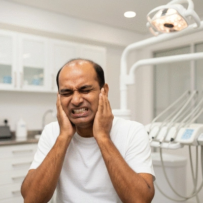Person holding jaw in pain, symbolizing a dental emergency