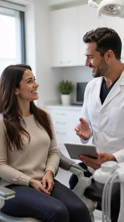 Smiling woman discussing payment options with a dentist at a modern dental office