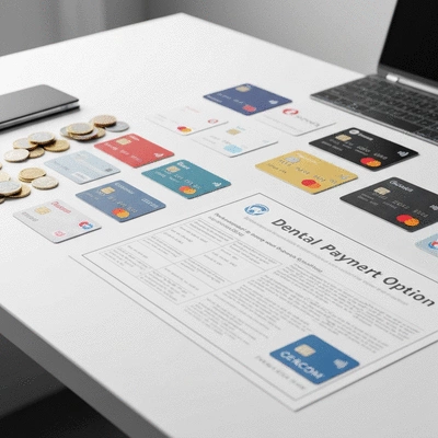 Dental payment options illustration with coins and cards