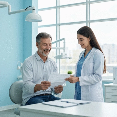 Happy patient reviewing dental bill with a friendly dental office administrator, clean office, no text, no words, no typography, clean image