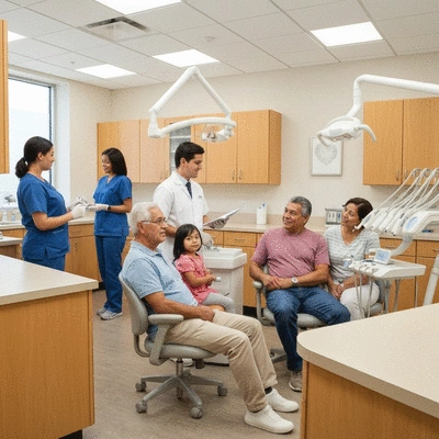 Dentist explaining payment plan options to a happy family in a bright, clean dental office, no text, no words, no typography, clean image