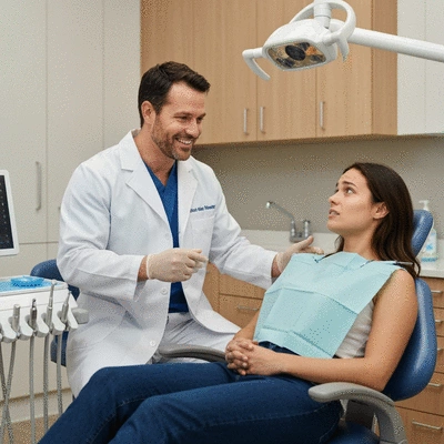 Oral surgeon explaining emergency dental implant procedure to a patient