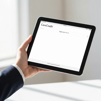 Hand holding a tablet with the CareCredit application form on screen, clean and bright environment, no text, no words, no typography, no labels, clean image