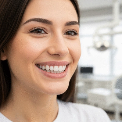 Close-up of a person smiling, showcasing perfect, white teeth after cosmetic dentistry procedures, with a blurred dental clinic background