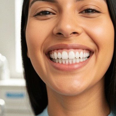 Close-up of a person smiling with perfectly white, healthy teeth after a cosmetic dentistry procedure, bright and clean dental office background, no text, no words, no typography, 8K, natural lighting