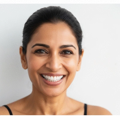 Lifestyle image of a person smiling brightly after using cosmetic dental products, clean background