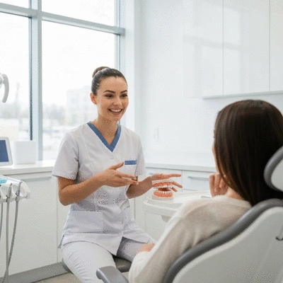Cosmetic dentist explaining treatment options to a patient in a modern dental office