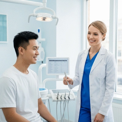 Smiling person discussing payment options with a dental professional in a modern clinic