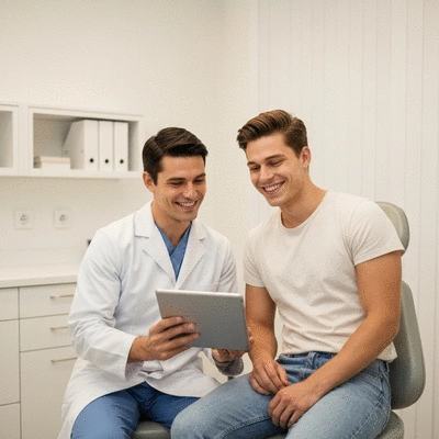 Dentist and patient in a modern dental office discussing dental implant options on a tablet