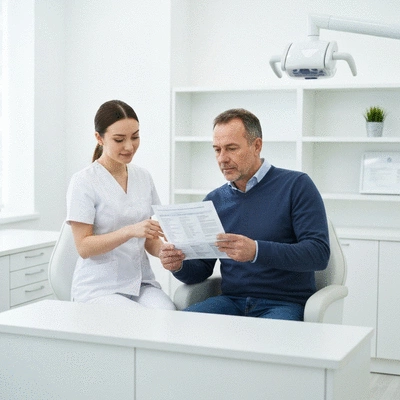 Person reviewing dental payment plan documents with a dentist, clean modern setting, professional, no text, no words, no typography, no labels, clean image