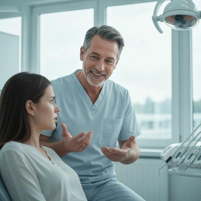 Dentist consulting with a patient in a modern, clean dental office, focusing on cosmetic needs, no text, no words, no typography, clean image