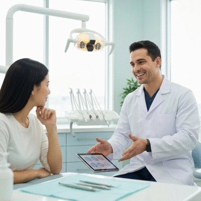 Dentist explaining treatment plan to a patient in a modern dental office, no text, no words, no typography, clean image