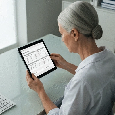 Person reviewing dental insurance documents and payment plans on a tablet, bright, clean, no text, no words, no typography, 8K